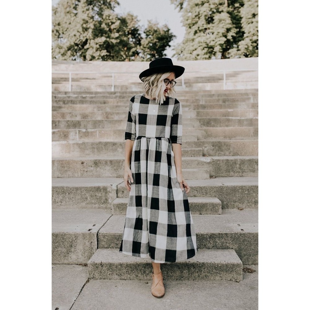 Roolee Black White Buffalo Plaid Midi Dress Pockets Size XS